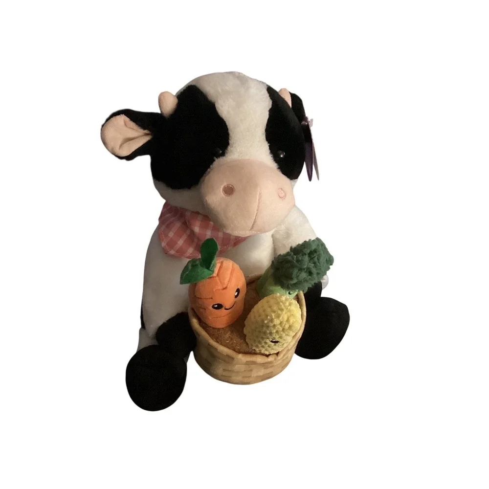 Cow With Veggies Plush‎ Stuffed Animal Farm Toy with Basket Carrot Corn Broccoli